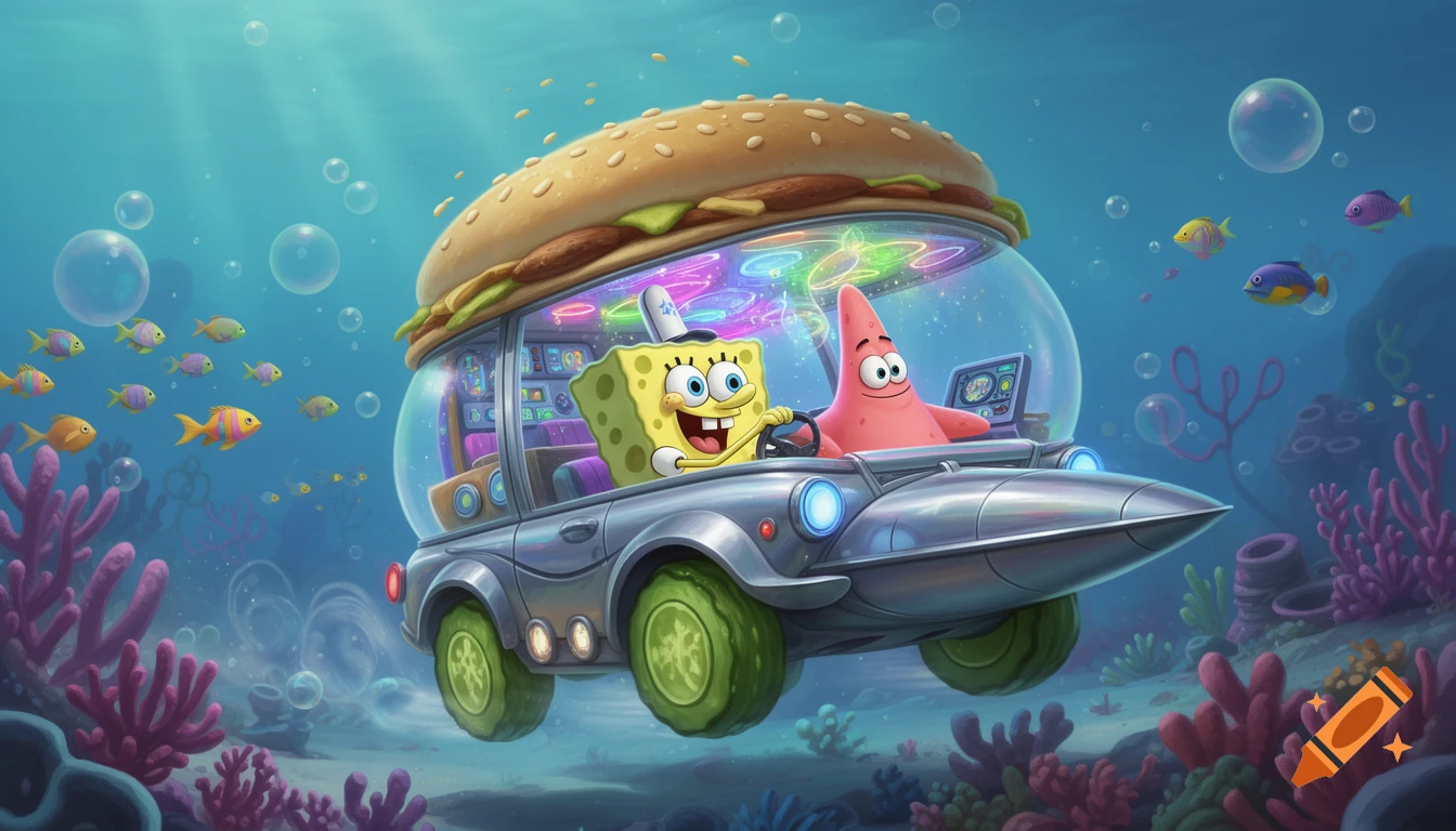 Spongebob and Patrick drive an elaborate Krabby Patty-shaped submarine car underwater among colorful coral and fish.