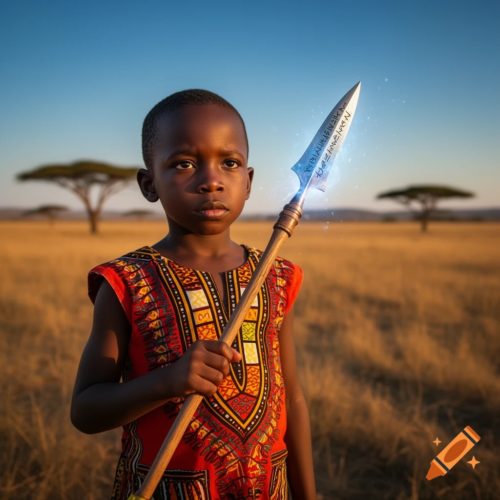 A young African child in traditional clothing holds a glowing, intricately engraved spear in a savanna landscape.