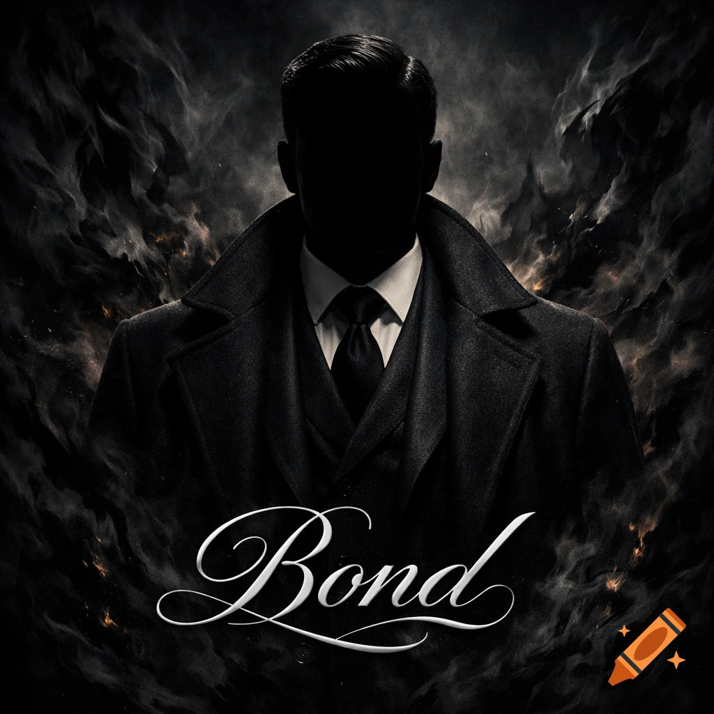 A faceless man in a dark suit and coat stands amidst black smoke and fire, with the word 'Bond' in calligraphic script.