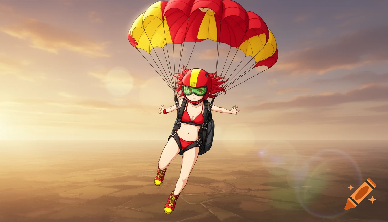 Anime girl in red bikini and helmet skydives with a red and yellow parachute over a vast landscape at sunset.