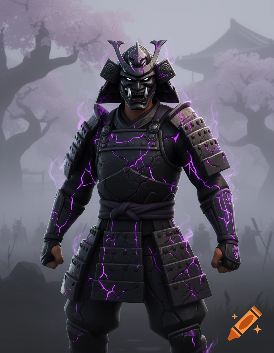 A stylized man in black corrupted samurai armor with purple glowing cracks against a misty background with cherry trees and pagodas.