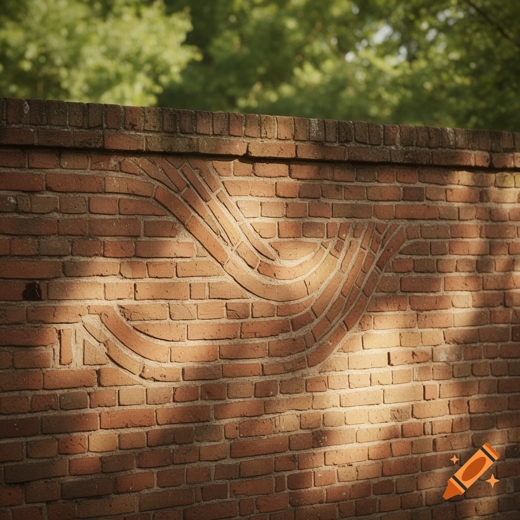 A photorealistic image of a red brick wall with a curved, decorative pattern. Sunlight casts shadows across the wall, and green foliage is blurred in the background.