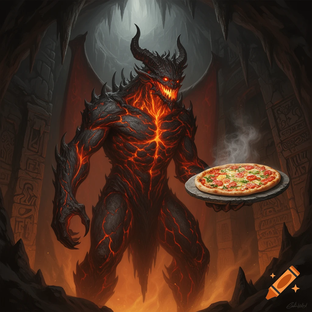 A large, menacing Balrog-like demon with glowing lava cracks and horns holds a steaming pizza on a platter in a dark, fiery cave.