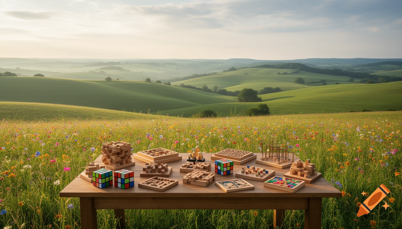A wooden table with various logic puzzles and Rubik's cubes sits in a vibrant wildflower meadow with rolling green hills under a bright sky.