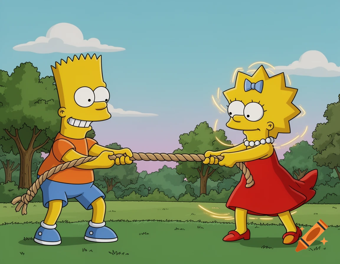 Bart and Lisa Simpson, in a cartoon style, play tug-of-war on a sunny green lawn with trees and a blue sky.