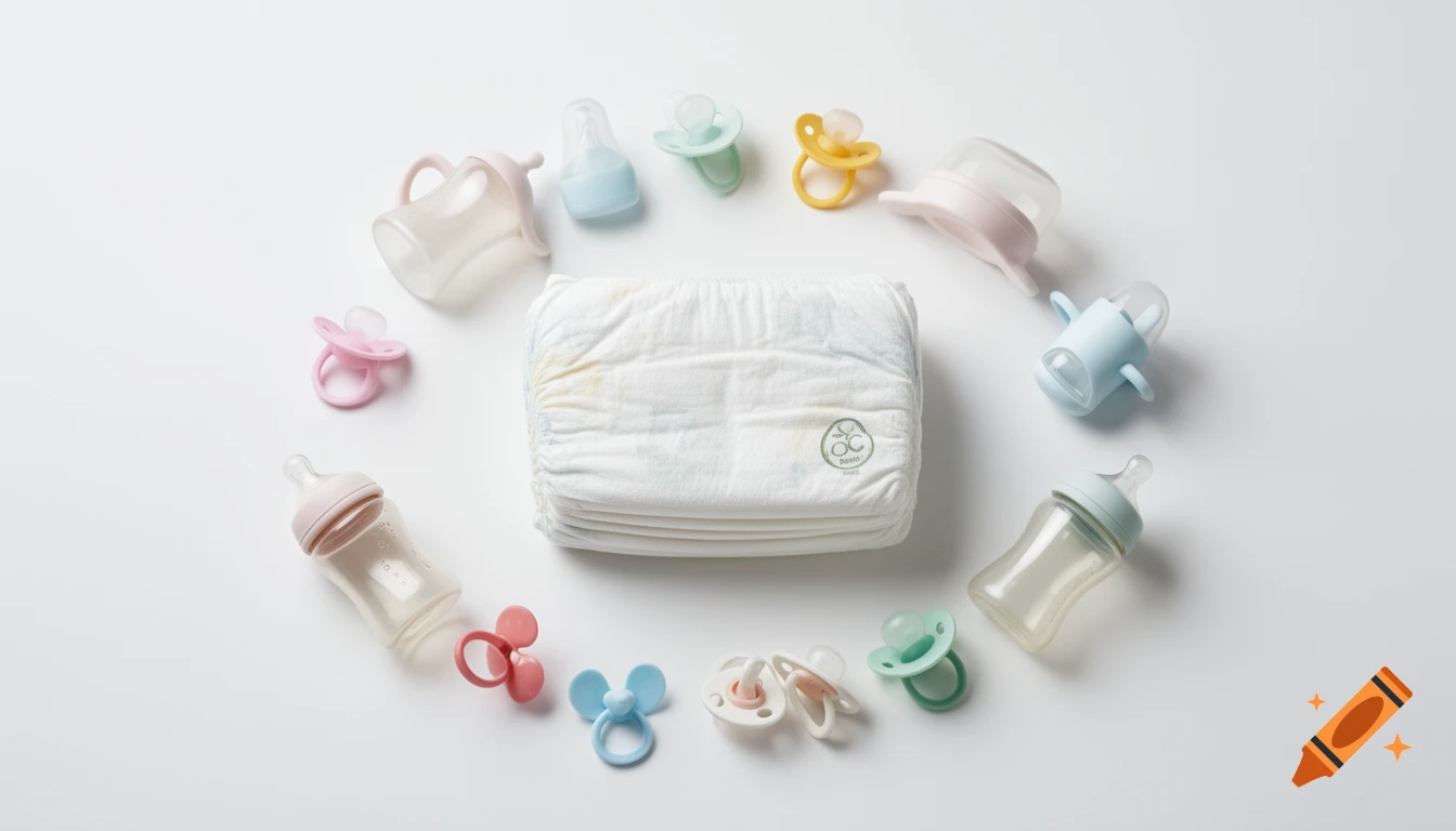 Flat lay of a stack of white diapers surrounded by colorful baby bottles and pacifiers on a white background.