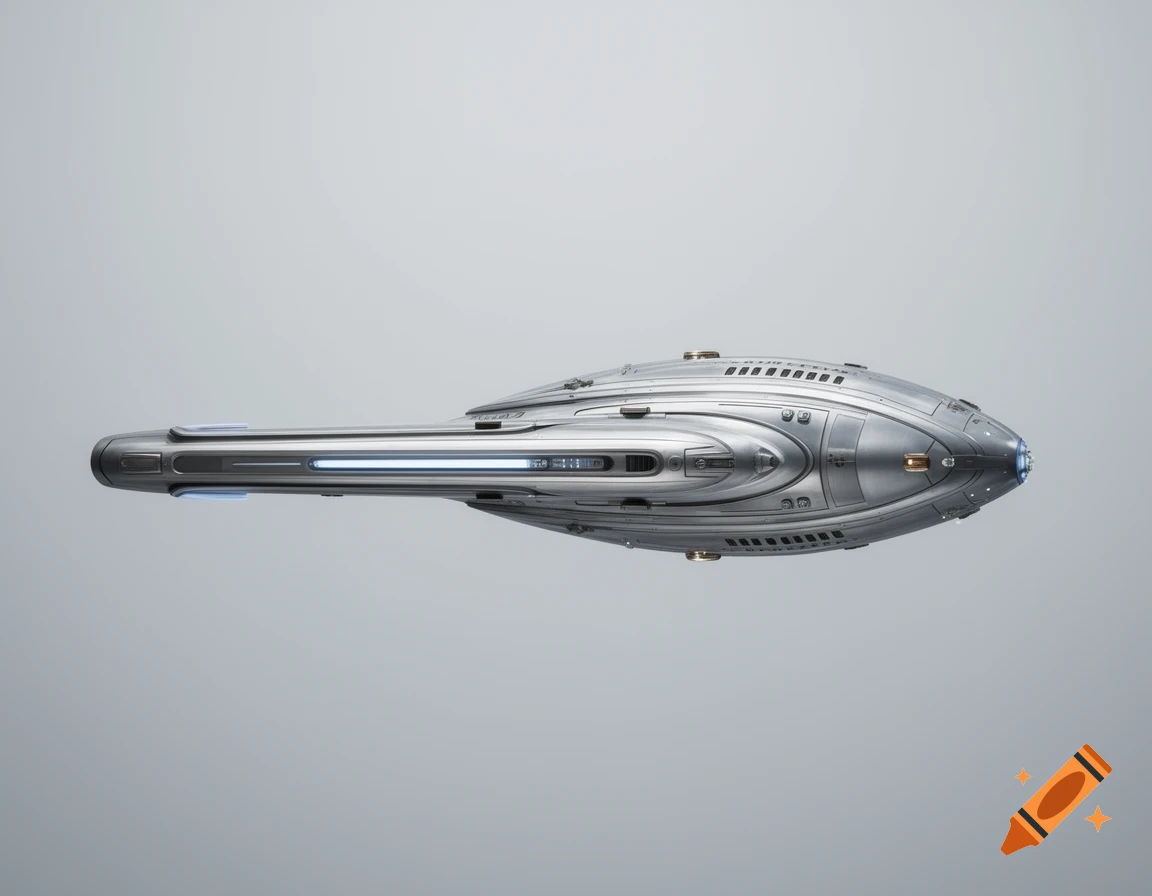 A sleek, silver futuristic spaceship, resembling a Star Trek vessel with blue glowing accents, on a light grey background.