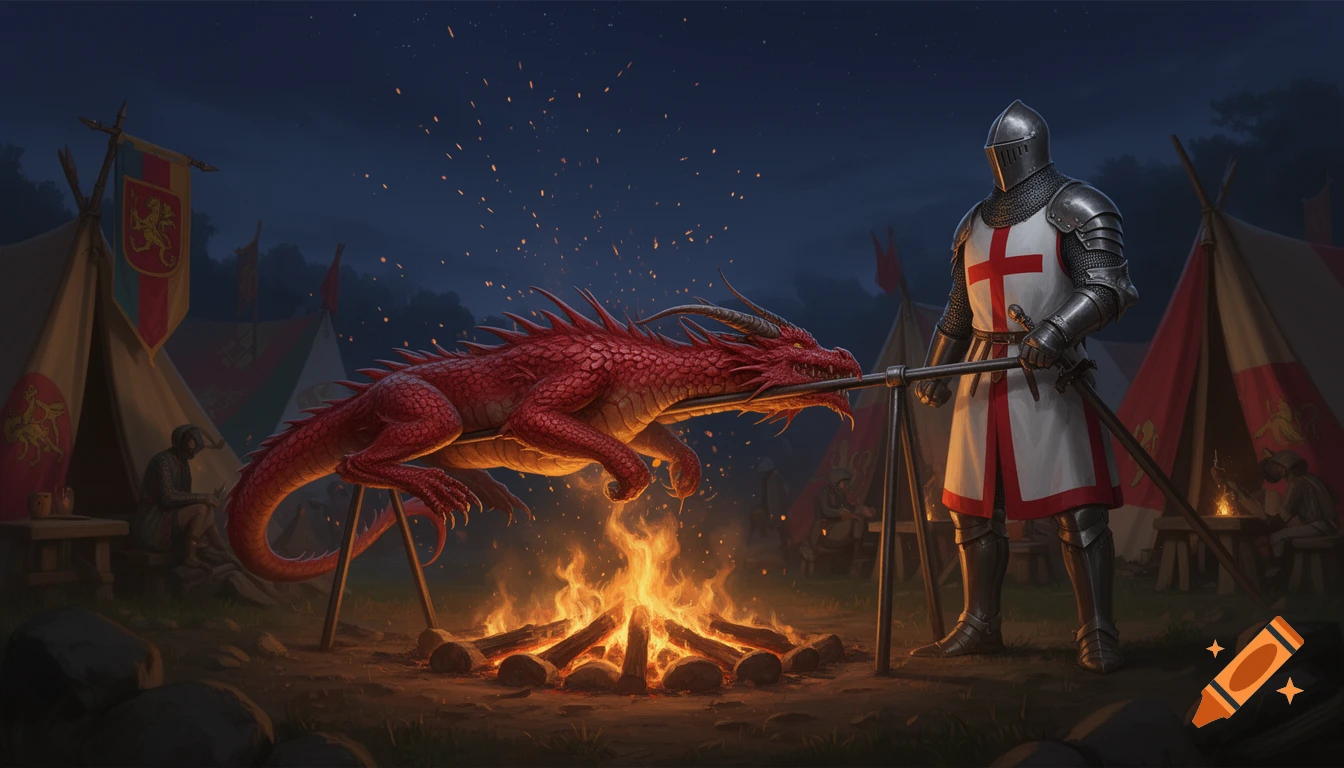 Knight Riding A Red Dragon A knight in armor roasts a red dragon over a campfire at a nighttime ...