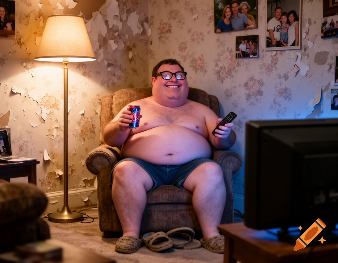 An overweight man resembling Peter Griffin sits shirtless in a living room armchair, holding a soda can and a TV remote, in a photorealistic style.