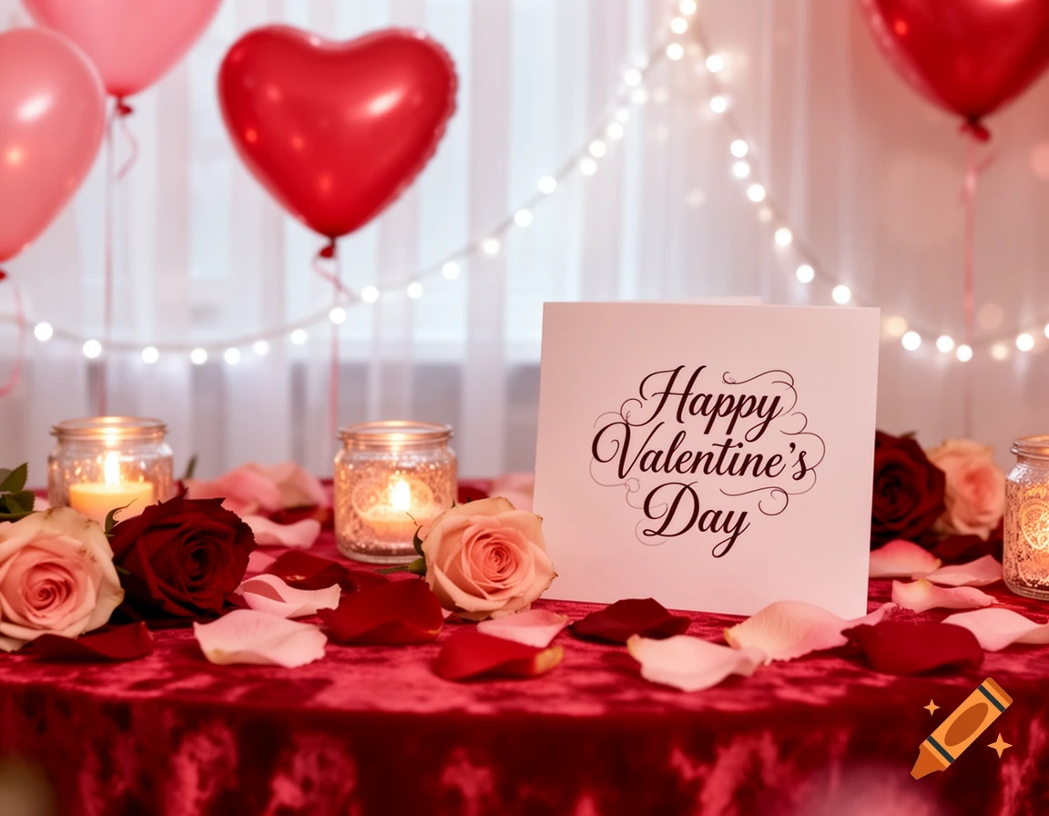 A festive Valentine's Day setting with red and pink balloons, roses, candles, and a card reading 'Happy Valentine's Day' on a red velvet table.