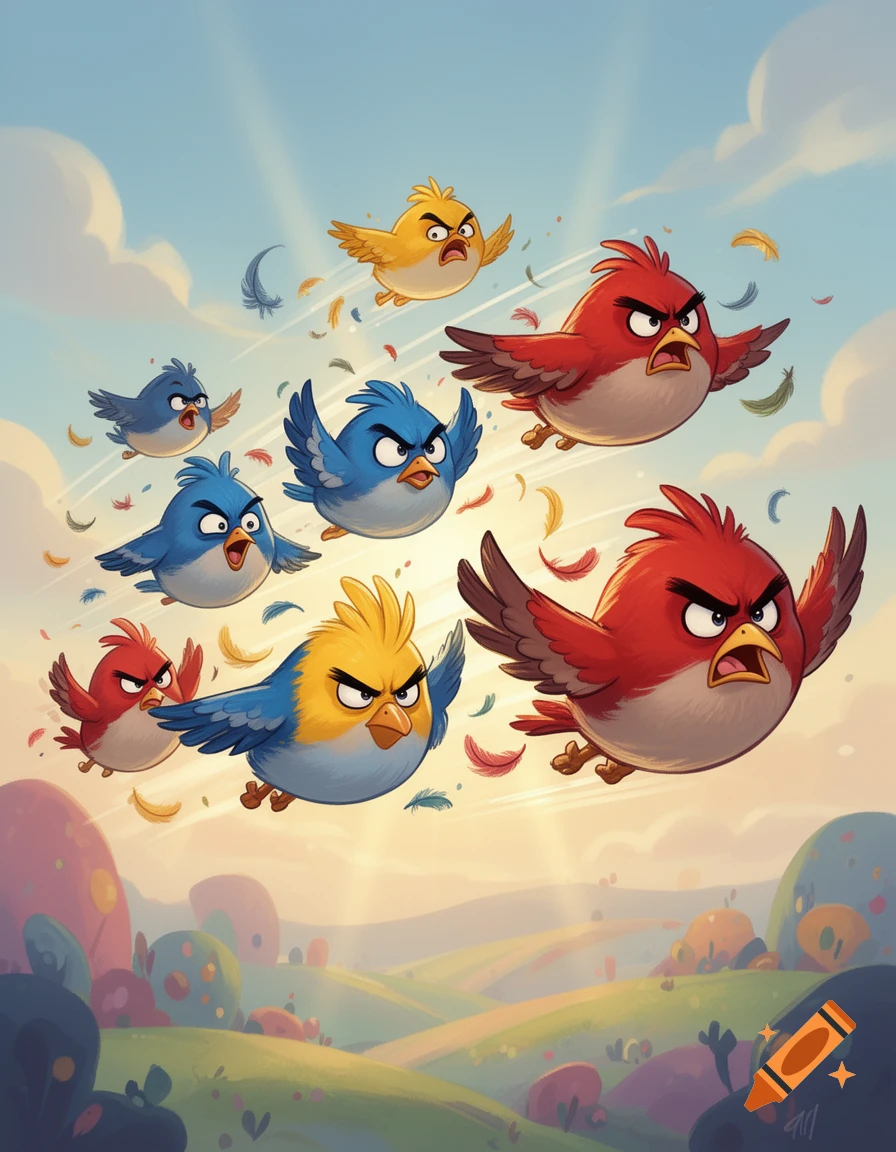 Angry cartoon birds, including red, blue, and yellow ones, flying through a whimsical landscape with colorful feathers under a sunny sky.