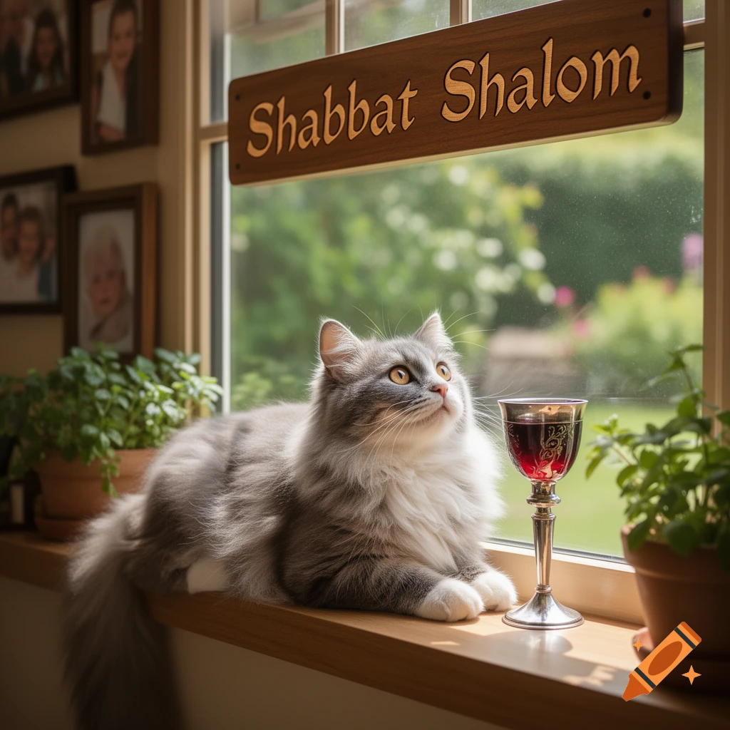A fluffy cat on a sunlit windowsill with a wine goblet, plants, and a "Shabbat Shalom" sign above. Photorealistic.