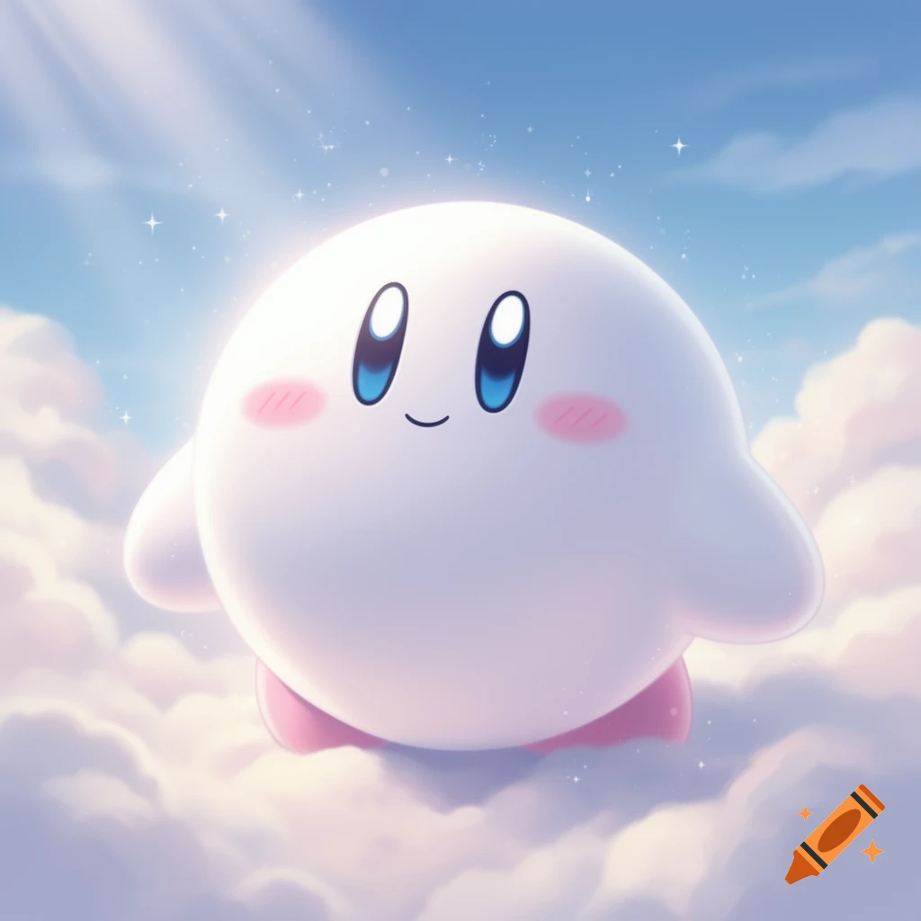 Cute white Kirby with blue eyes and pink blush floats among soft pastel clouds in a sparkling blue sky.