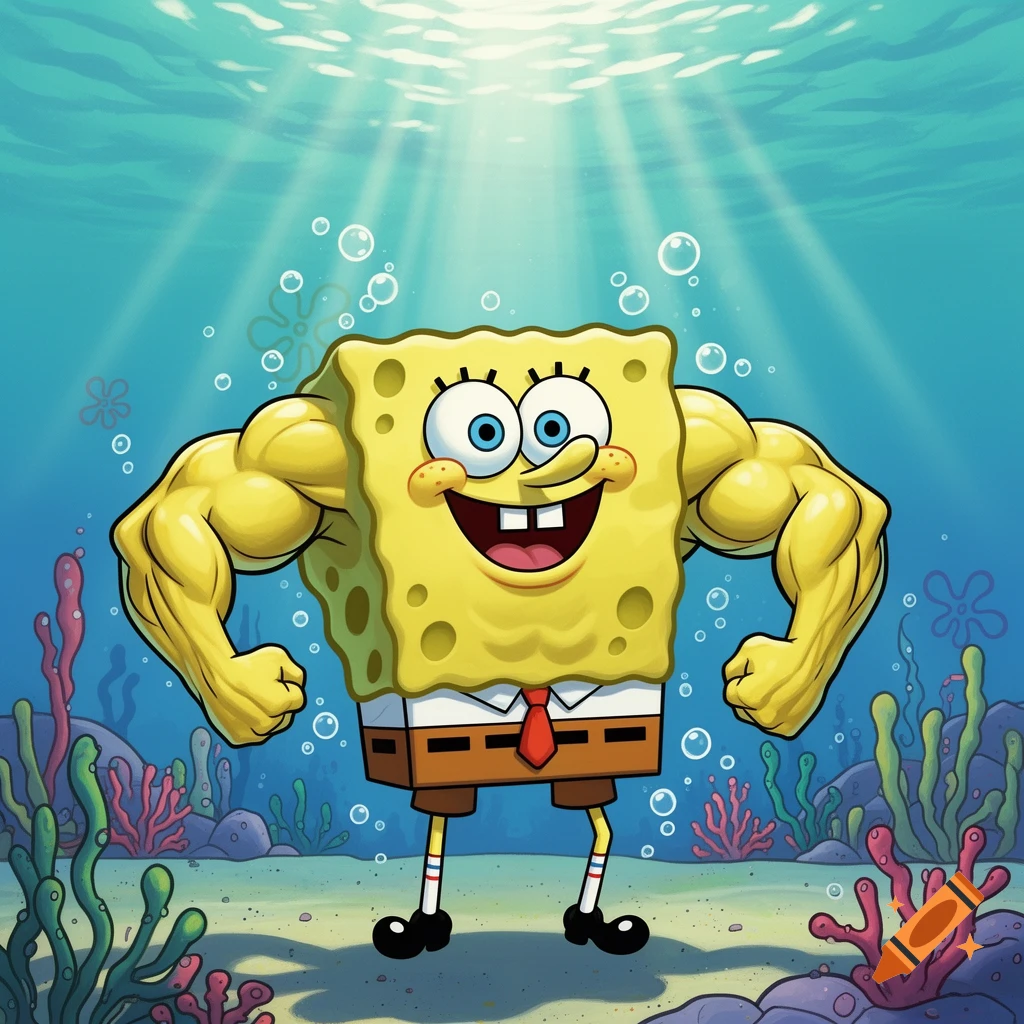 A smiling, muscular SpongeBob SquarePants flexing his arms underwater, surrounded by bubbles and coral.