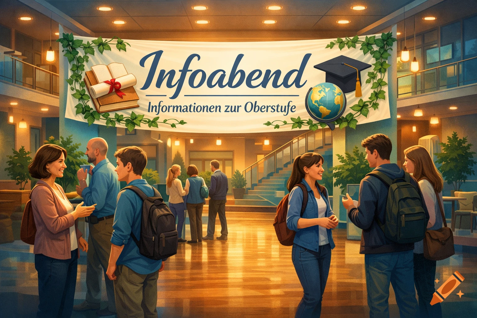 Students and adults converse in a modern school lobby under a banner for an 'Infoabend' (information evening).