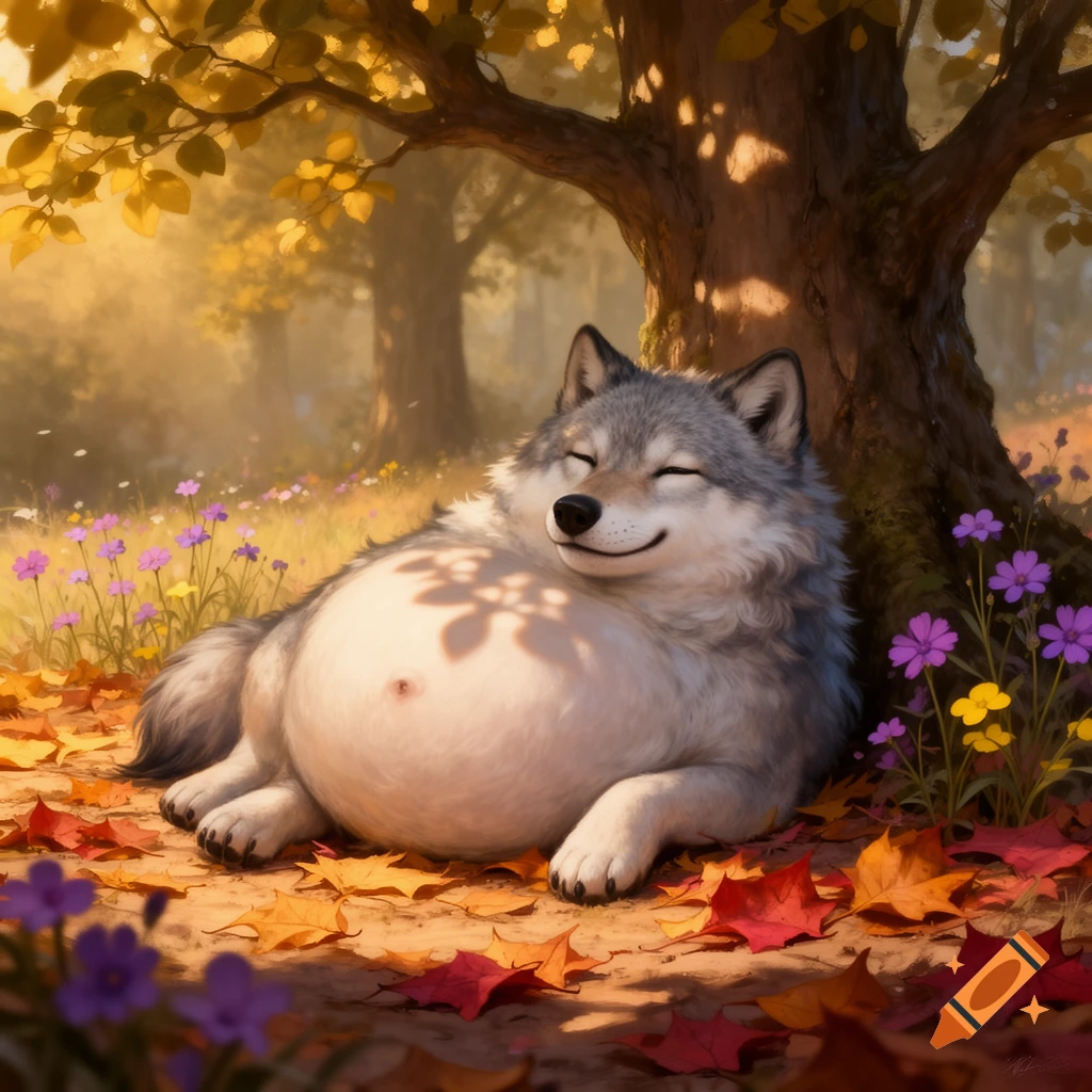 A very fat, happy wolf with a round belly rests contentedly under an autumn tree, surrounded by colorful fallen leaves and small flowers.