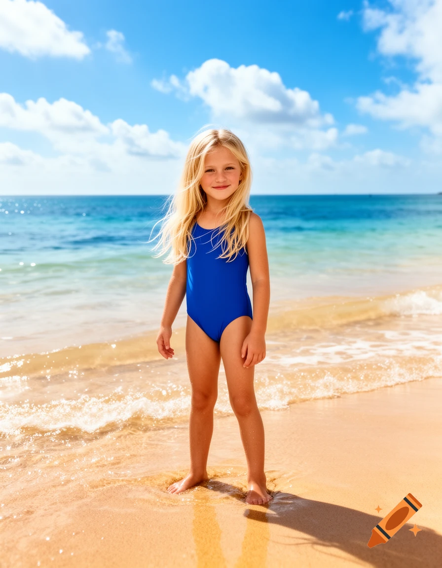 Smiling blonde girl in a blue swimsuit stands in the shallow water on a sunny sandy beach.