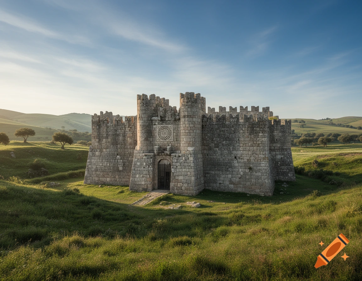 A rugged stone castle with battlements and an arched entrance, standing amidst vast green, rolling hills under a clear blue sky. Photorealistic.