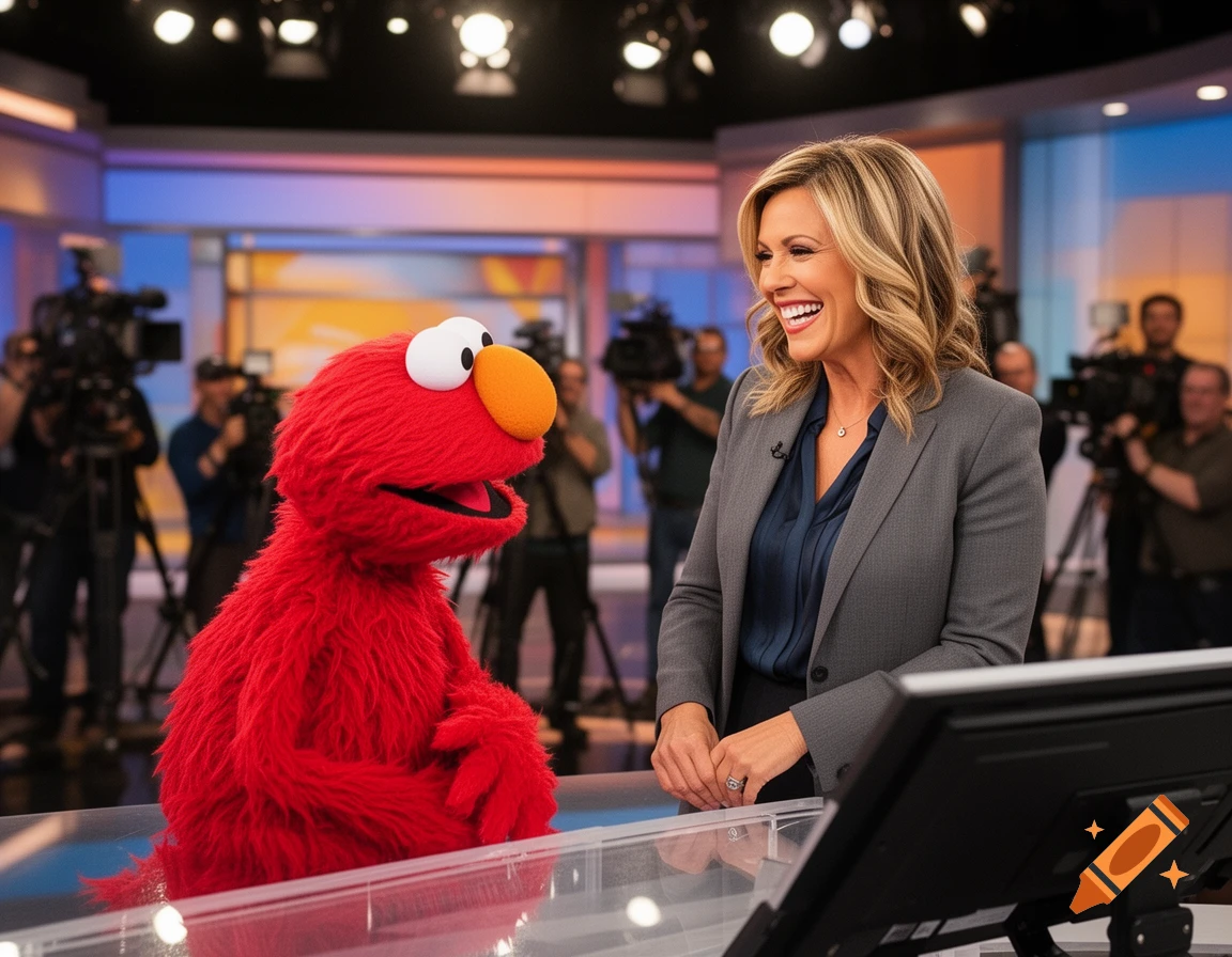 Elmo and a smiling Hoda Kotb on a television news set with cameras in the background.