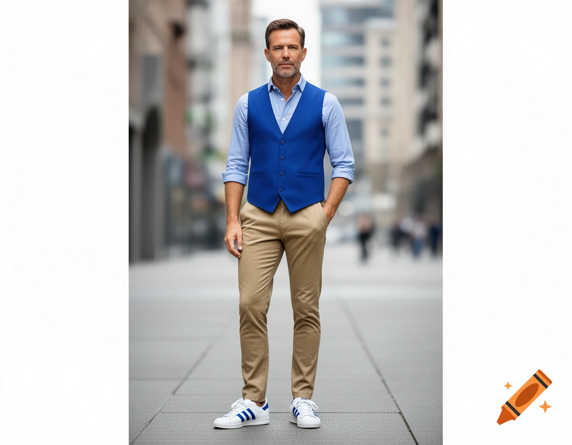 A man in a blue vest, light blue shirt, khaki pants, and white Adidas sneakers stands on a city street.