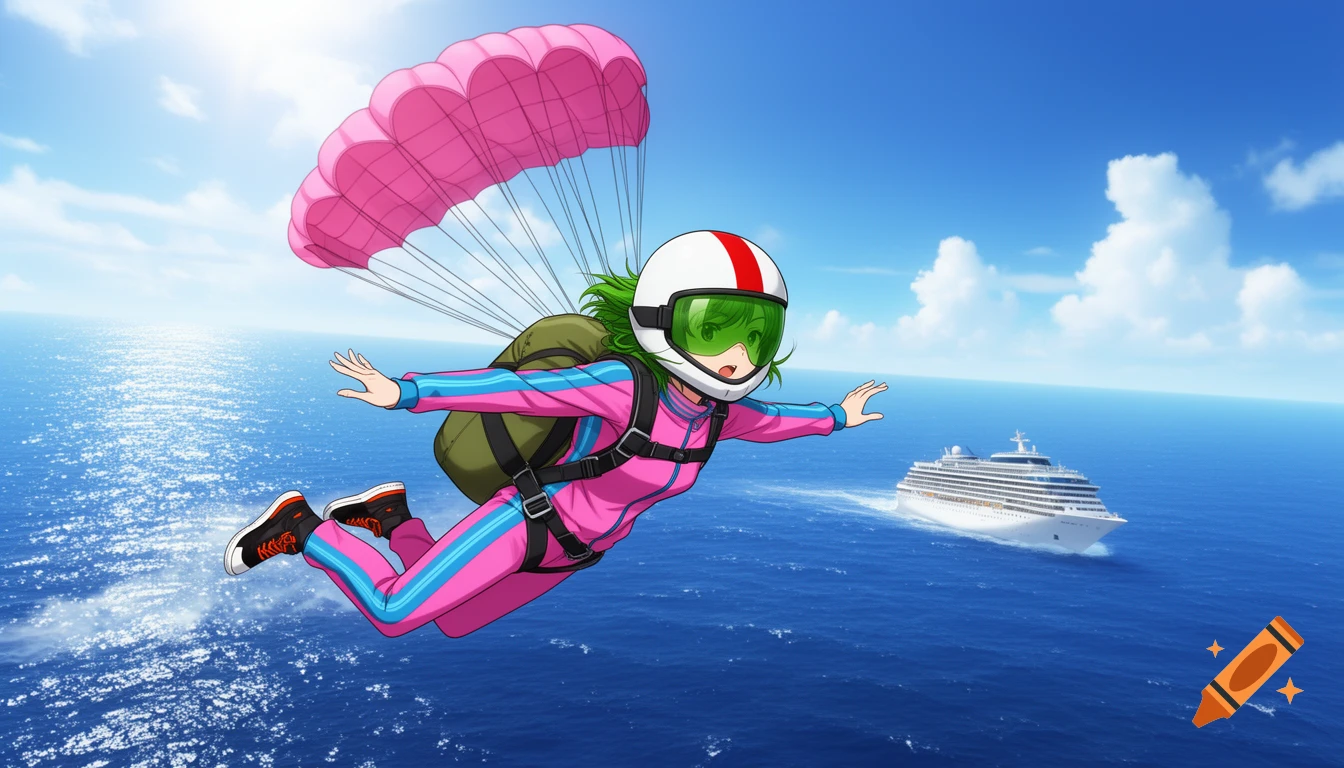 Anime girl with green hair in a pink tracksuit and white helmet skydiving with a pink parachute over a blue ocean with a cruise ship.