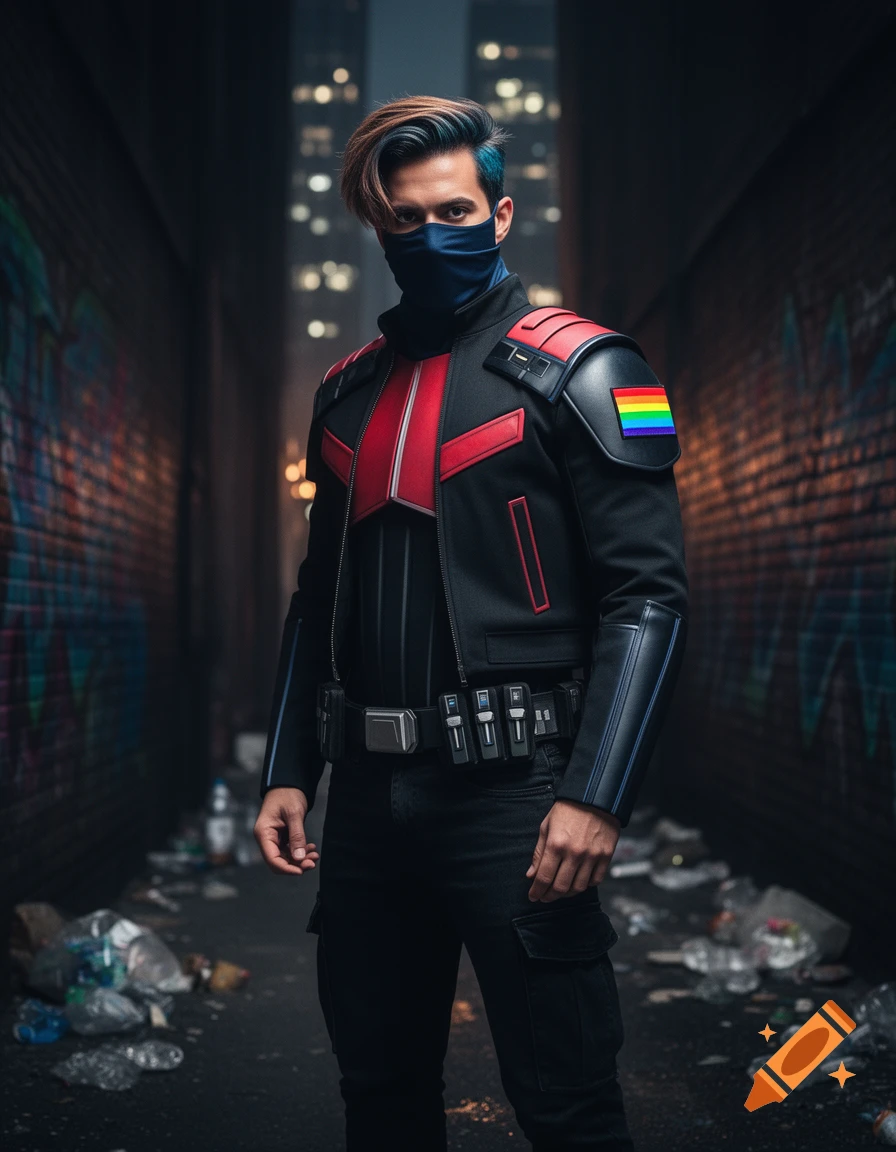 Photorealistic portrait of a masked male vigilante with brown and blue hair, wearing a black and red jacket with a rainbow flag patch, standing in a dark, trash-strewn urban alley.