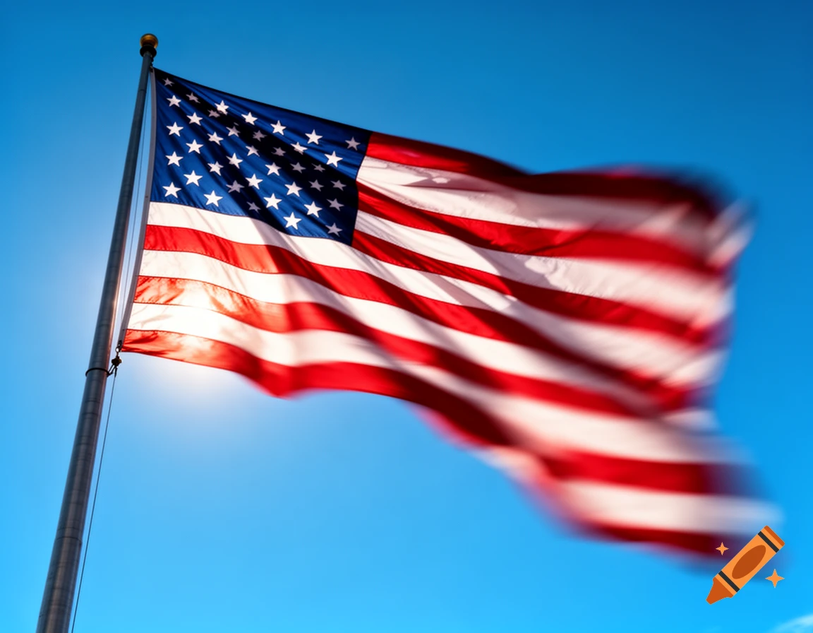 A USA flag waving against a bright blue sky with motion blur, sun shining through the fabric.