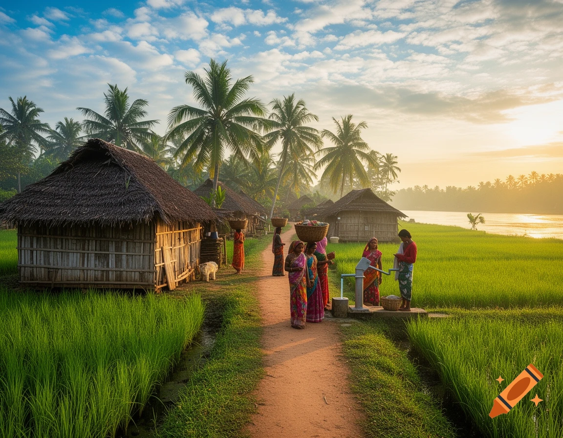 Women gather by a water pump in a green village with thatched huts and palm trees, bathed in golden morning light.