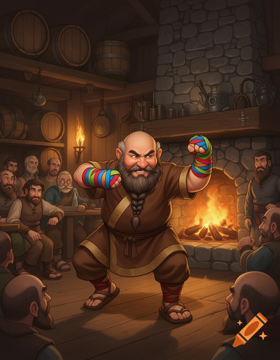 A bald, bearded dwarf monk with colorful fist wraps poses in a fighting stance in a dimly lit fantasy tavern, surrounded by other dwarves.