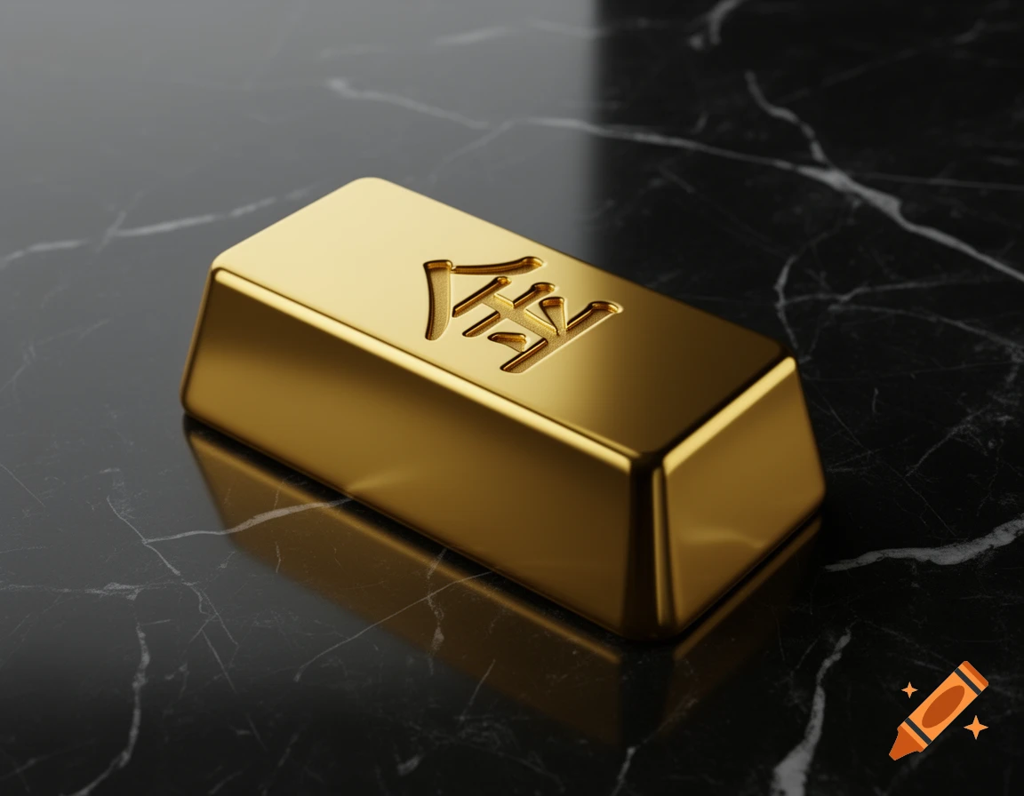 A photorealistic image of a shiny gold bar engraved with the Chinese character '金' (jīn), resting on a dark, reflective marble surface.