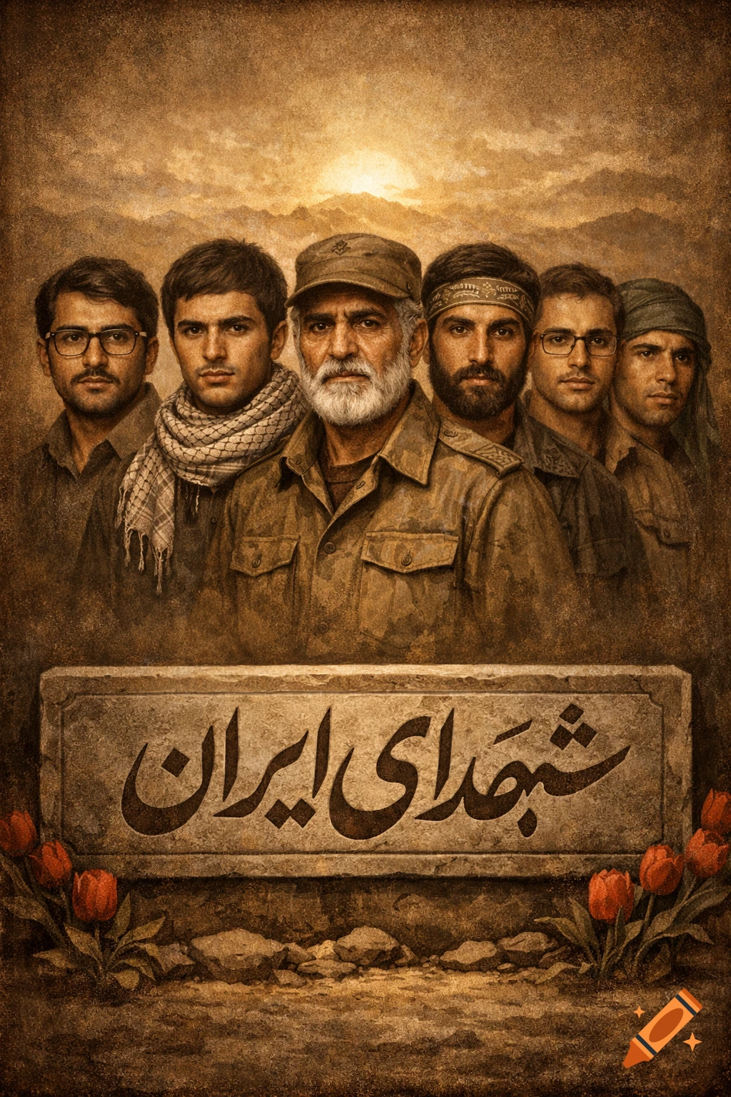 A painterly portrait of five men in military attire, with a stone tablet inscribed 'Martyrs of Iran' and red tulips below, set against a sunset mountain landscape.