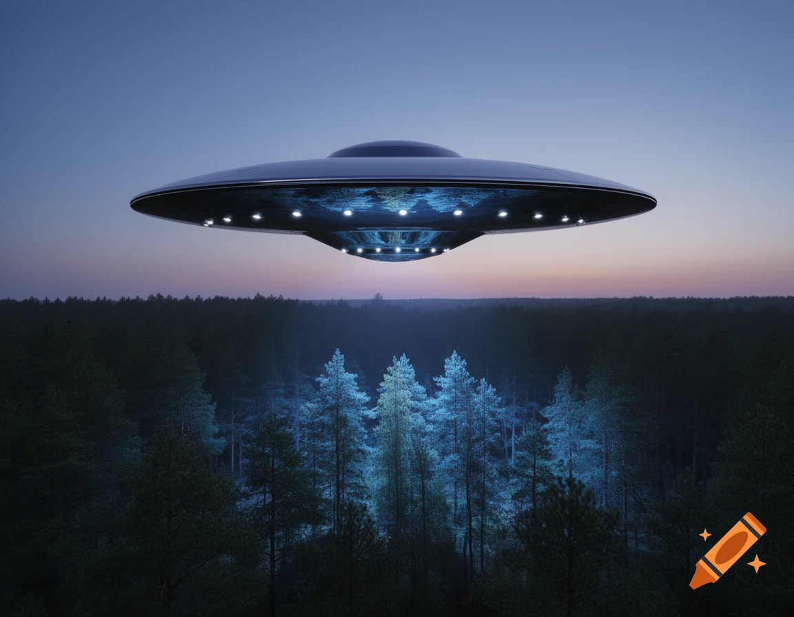 A photorealistic dark UFO with glowing lights hovers over a misty pine forest at dusk.