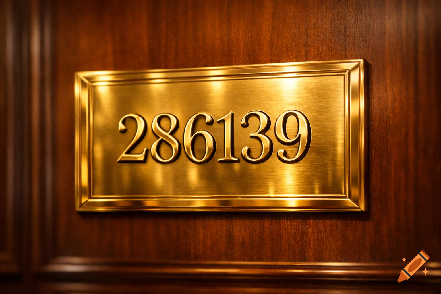 A close-up of a rectangular gold plaque with the number 286139, mounted on a dark wooden surface.