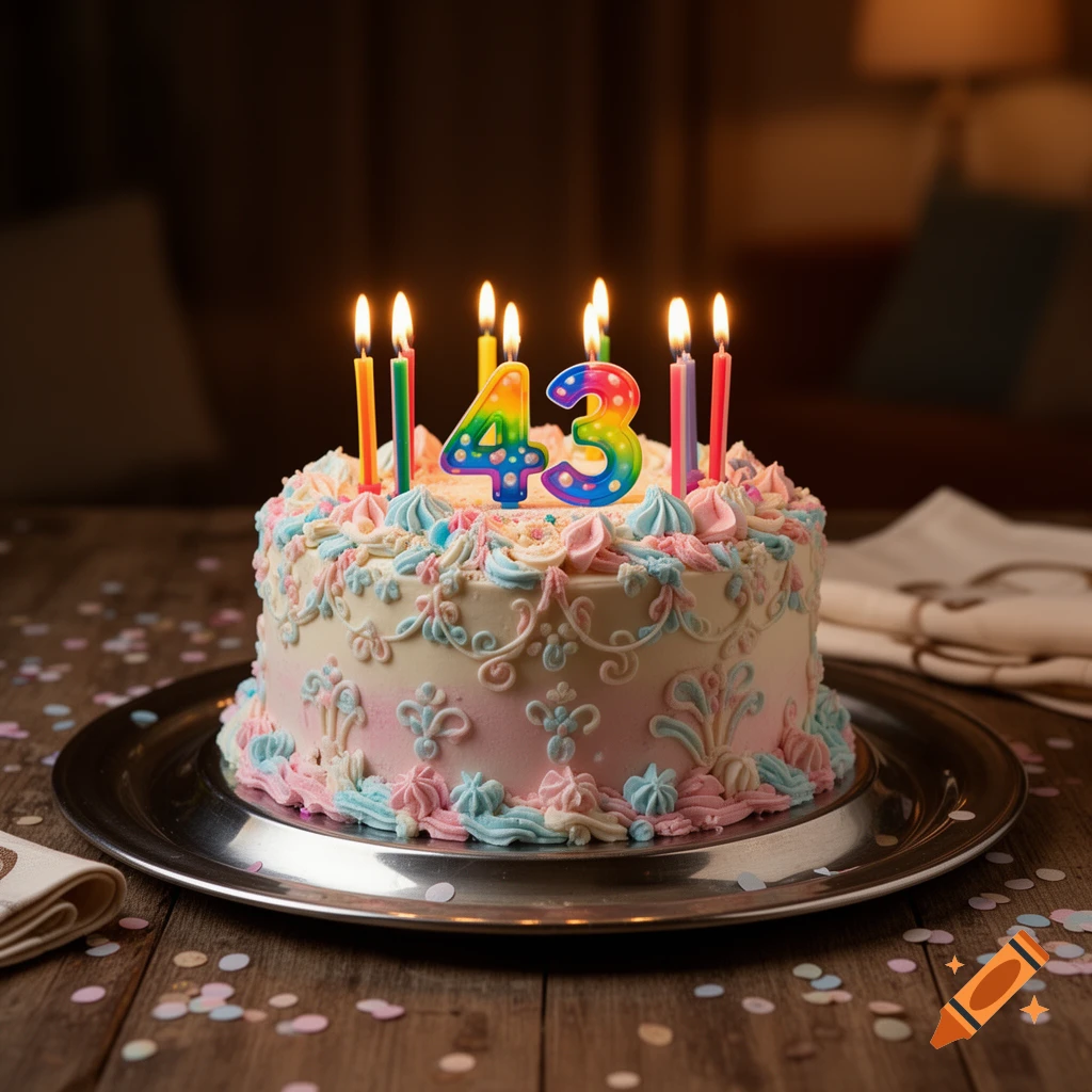 A photorealistic pastel-colored birthday cake with lit number 43 candles, decorated with frosting swirls, on a silver platter on a wooden table with confetti.