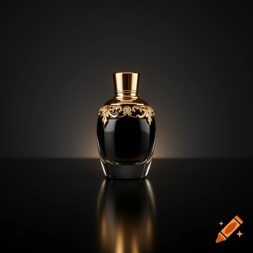 A sleek black perfume bottle with ornate gold detailing, standing on a reflective dark surface with a subtle golden glow.