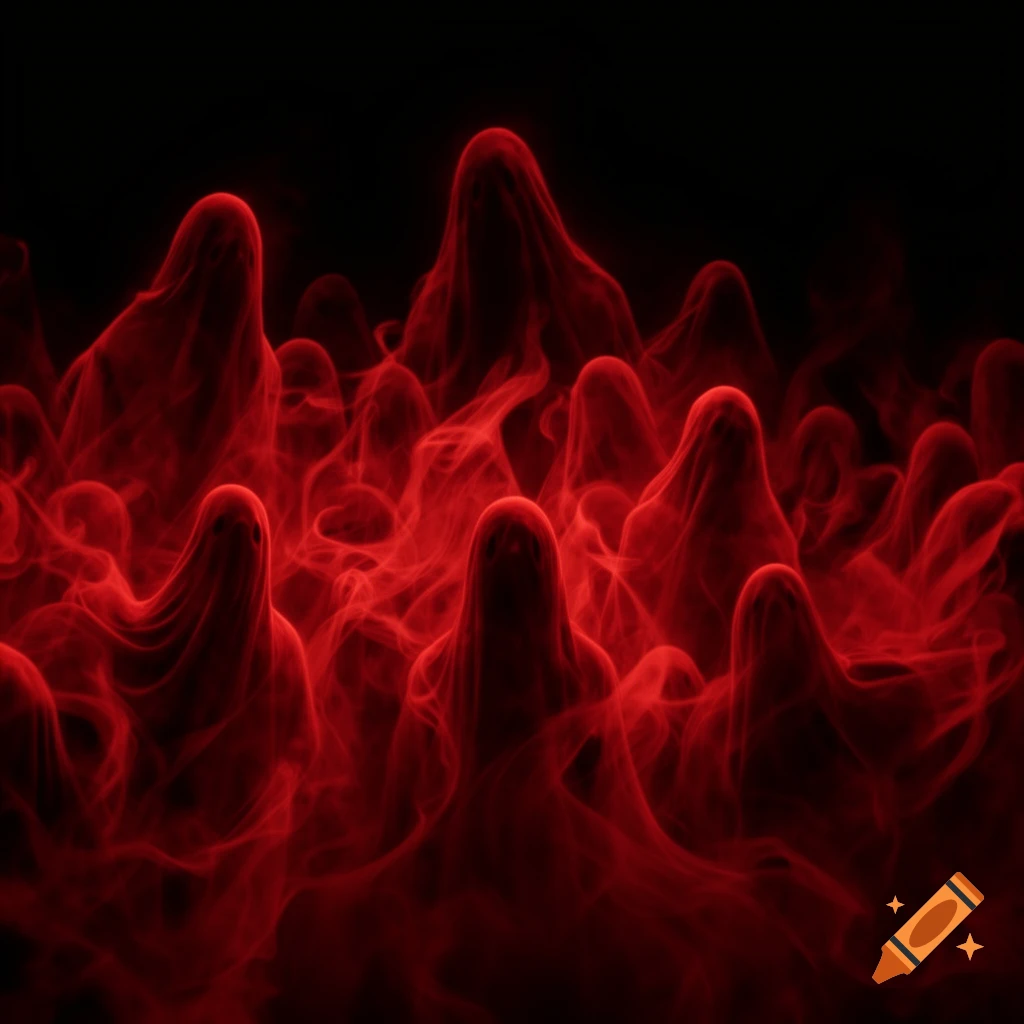 Numerous red, smoky ghost figures with hollow faces against a dark background.