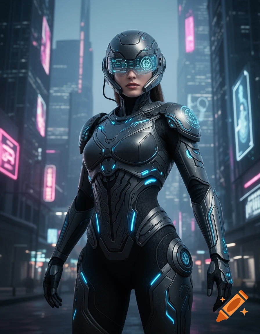 A female character in dark grey and blue sci-fi armor with a glowing visor in a cyberpunk city.
