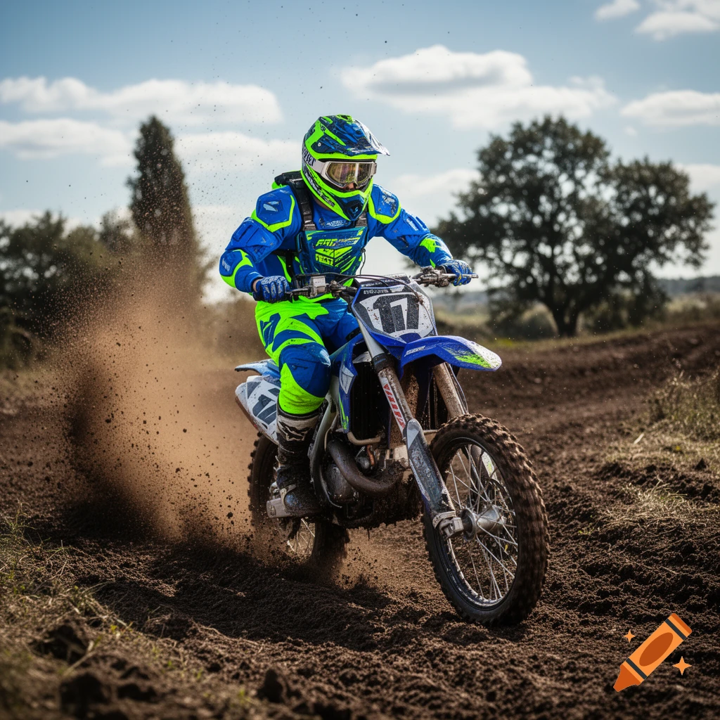A motocross rider in blue and neon green gear on a dirt bike kicks up dust on a track under a blue sky.