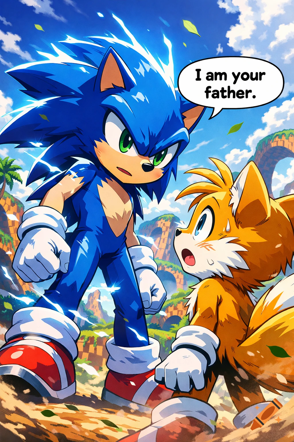 Sonic the Hedgehog telling Tails 'I am your father' in a dramatic anime style scene in a Green Hill Zone-like environment.