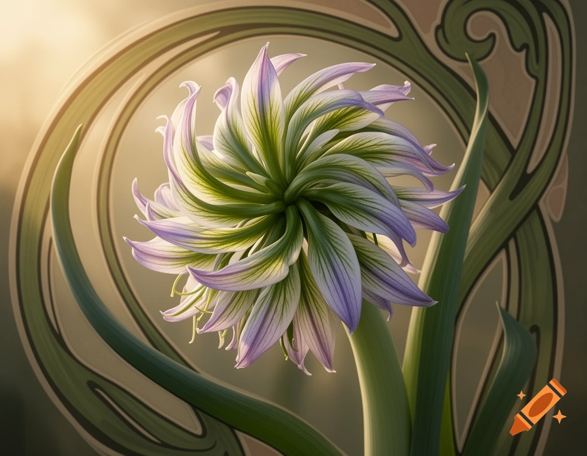 Close-up of a stylized flower with purple and green petals set against an intricate Art Nouveau background.