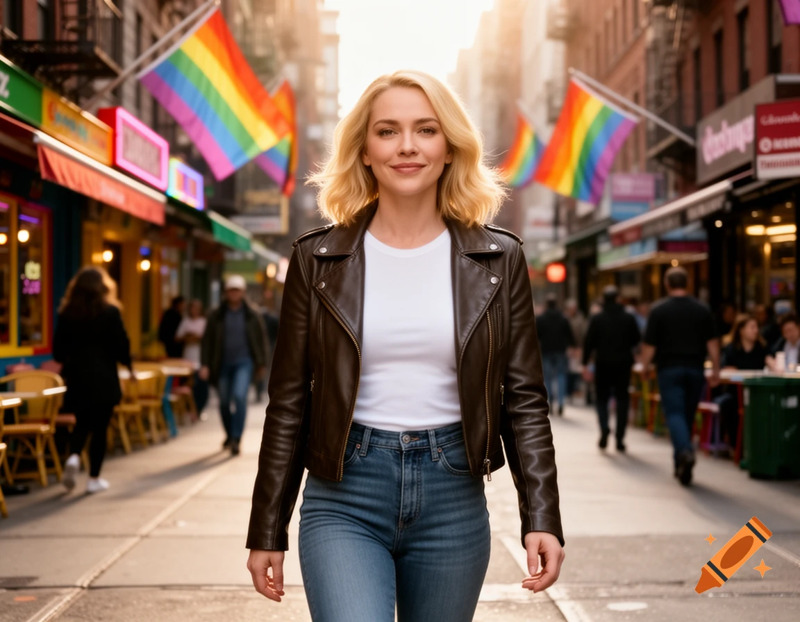 A blonde woman in a leather jacket and jeans walks down a sunny city street lined with buildings and rainbow flags.