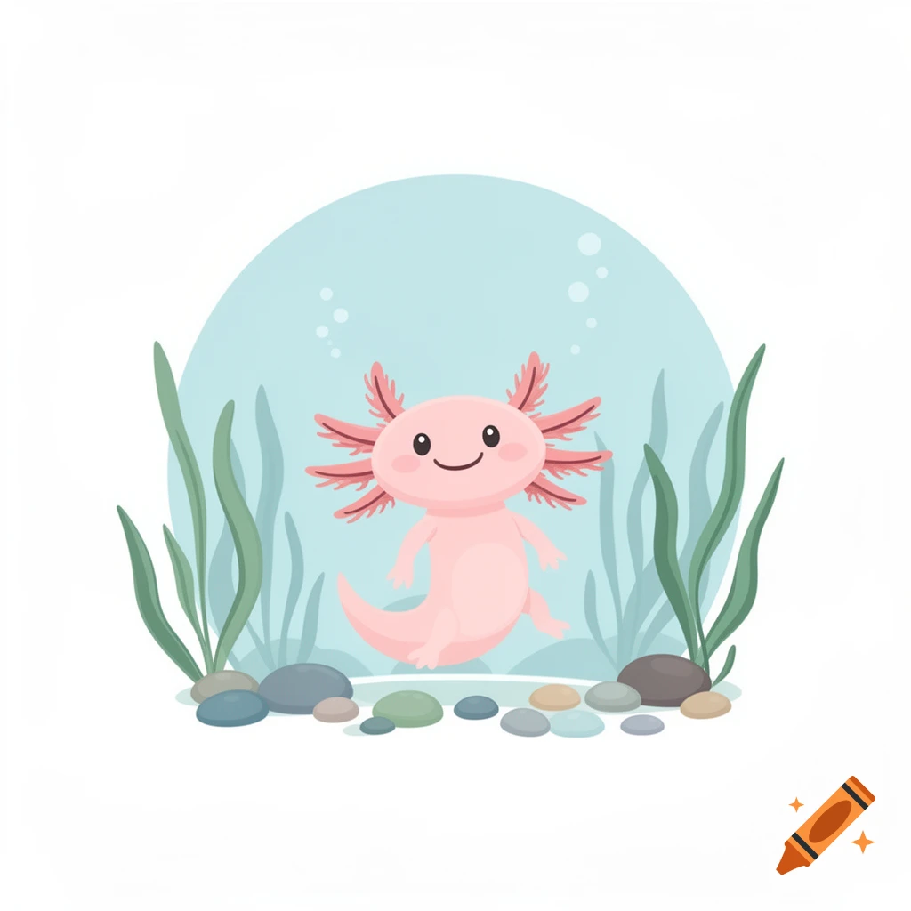 A cute pink cartoon axolotl smiles, floating in clear water with green plants and colorful pebbles.