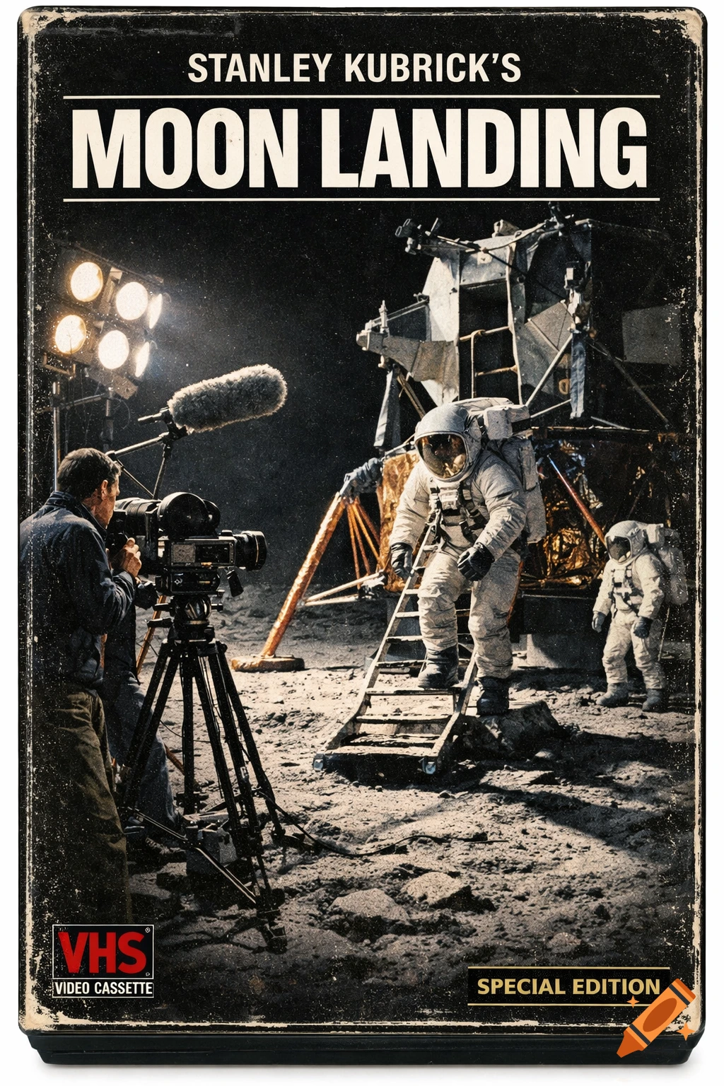 Vintage VHS cover art showing astronauts on the moon being filmed by a camera crew under bright lights.