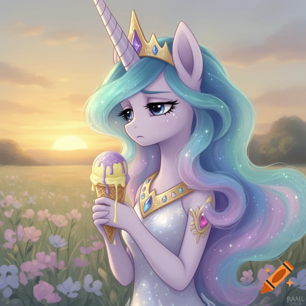 Sad My Little Pony Princess Celestia with a crown and flowing blue and pink mane, holding a melting ice cream cone in a field of flowers at sunset, anime style.