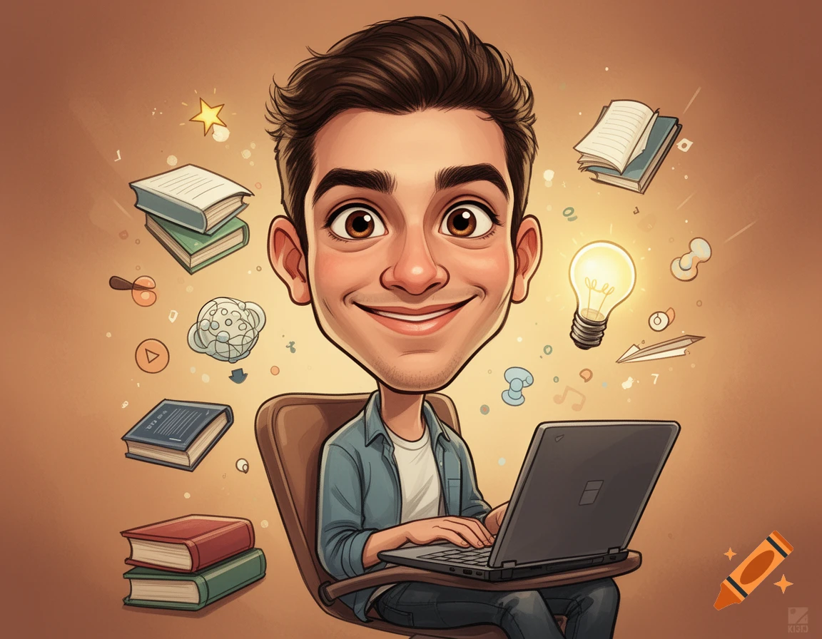 A smiling cartoon man with a large head works on a laptop, surrounded by floating books, a lightbulb, and idea icons, on a warm background.