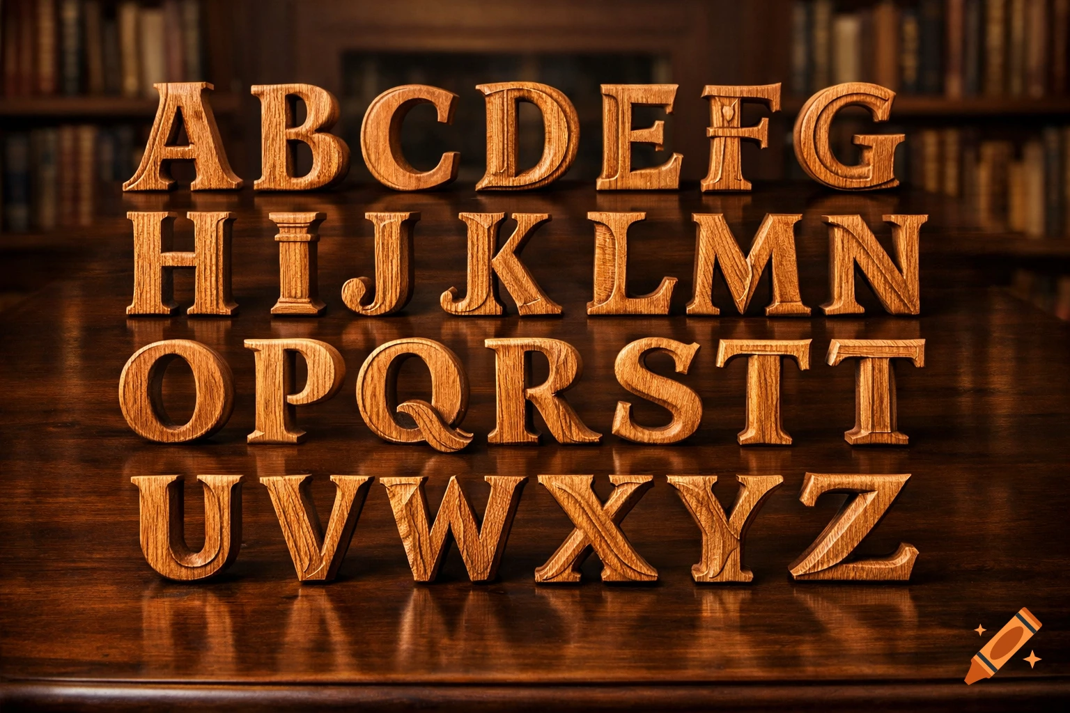 Carved wooden uppercase alphabet letters A-Z arranged on a dark polished table with blurred bookshelves in the background.