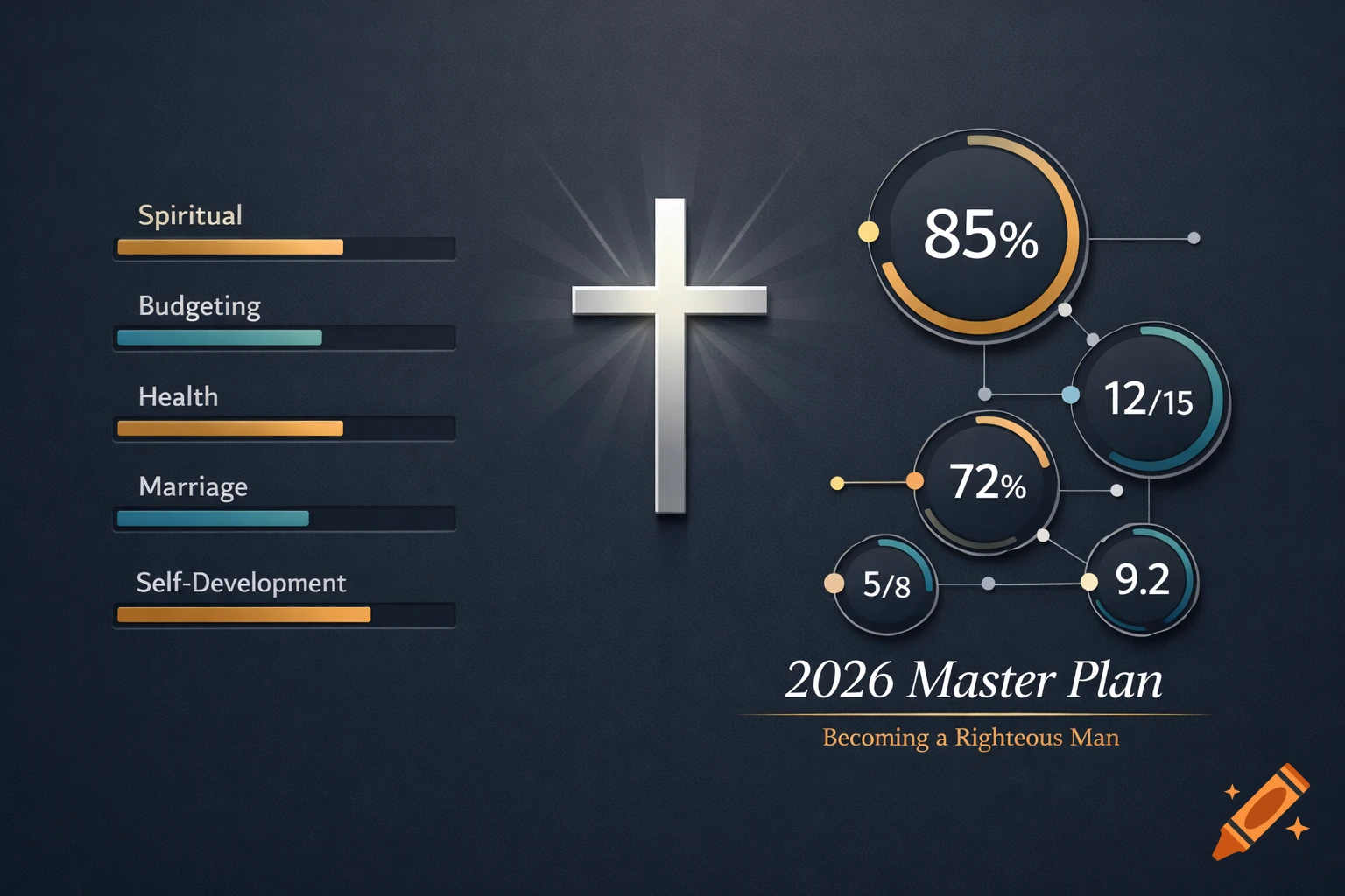 A dashboard with a glowing cross, progress bars for spiritual, health, and self-development, and data circles. Labeled '2026 Master Plan'.