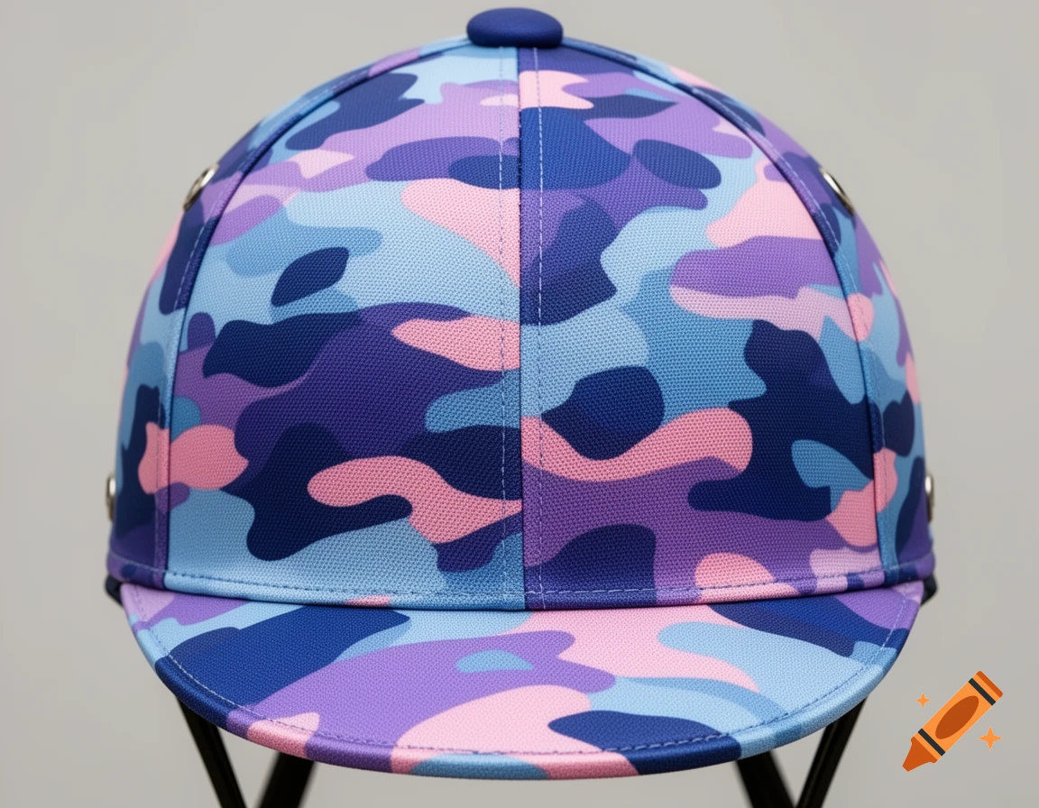 Close-up front view of a polo helmet with a colorful camouflage pattern in shades of blue, light blue, pink, and purple.