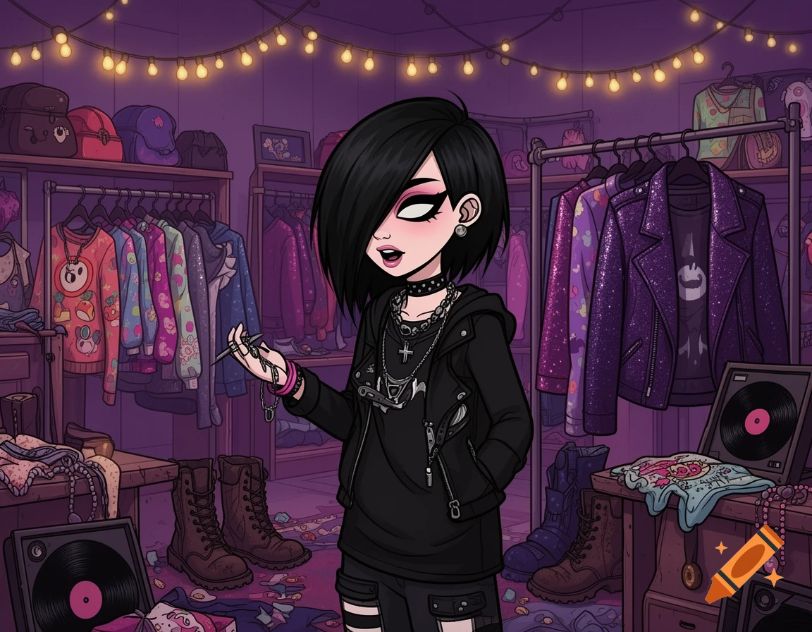 Cartoon emo girl holding scissors in a messy thrift store or closet, surrounded by clothes racks and string lights.