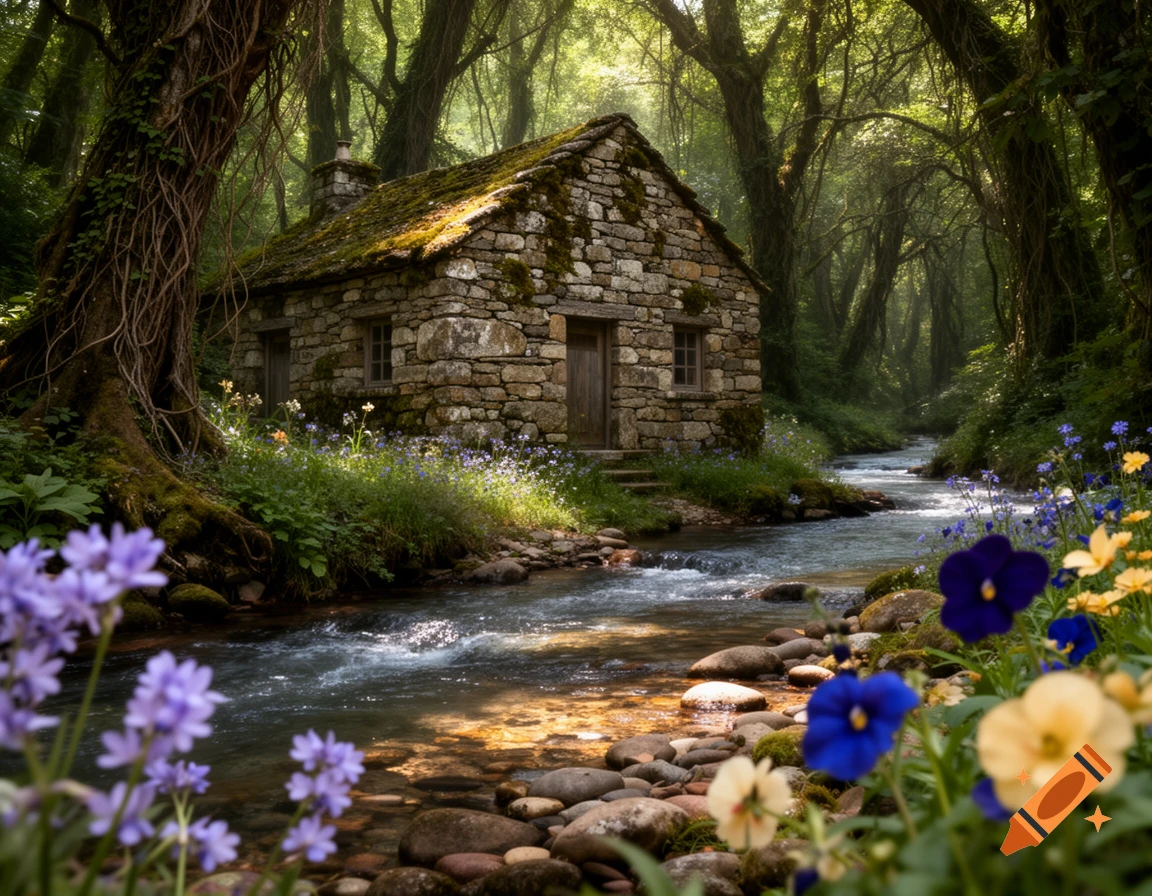 A moss-covered stone cottage sits beside a clear river winding through a lush, sun-dappled forest with purple and yellow flowers, photorealistic.